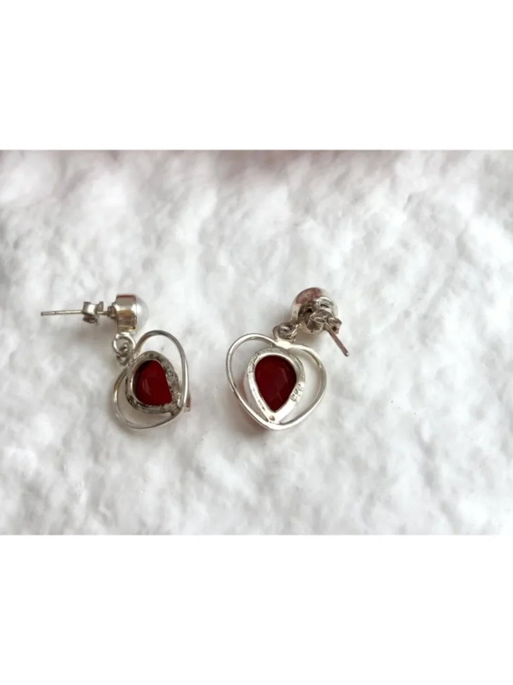 Ruby Corondum & Cultured Pearl Heart Shaped Vintage Sterling Silver 925 Earrings